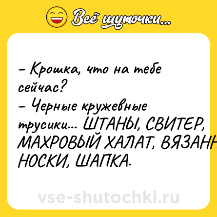 Шутка: – Крошка, что на тебе сейчас?<br>– Черные кружевные трусики... ШТАНЫ, СВИТЕР, МАХРОВЫЙ ХАЛАТ, ВЯЗАННЫЕ НОСКИ, ШАПКА.