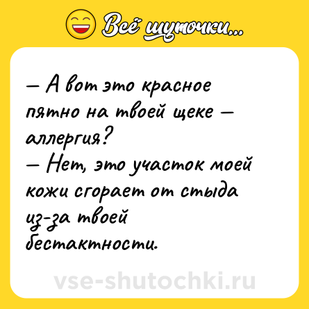 Шутка: — А вот это красное пятно на твоей щеке — аллергия? <br>— Нет, это участок моей кожи сгорает от стыда из-за твоей бестактности.