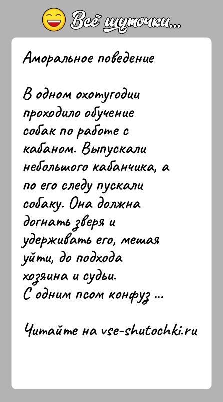История: Аморальное поведениеВ одном охотугодии проходило обучение собак по работе с кабаном. Выпускали небольшого кабанчика, а по его следу пускали собаку.