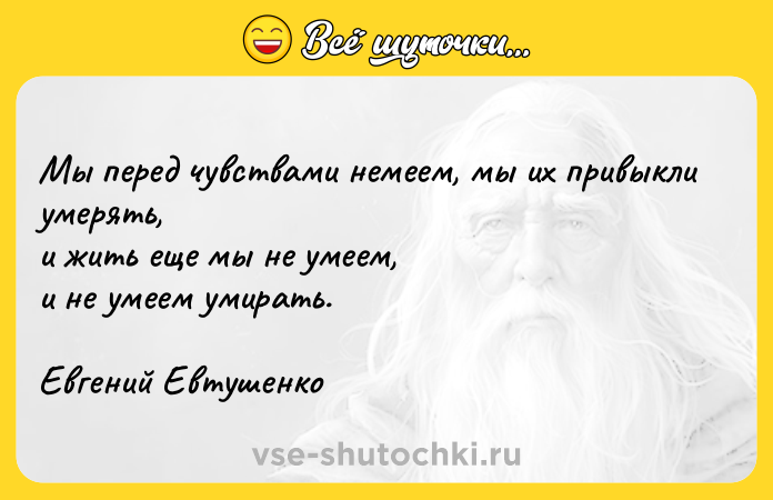 Цитата: Мы перед чувствами немеем, мы их привыкли умерять,и жить еще мы не умеем,и не умеем умирать.Евгений Евтушенко