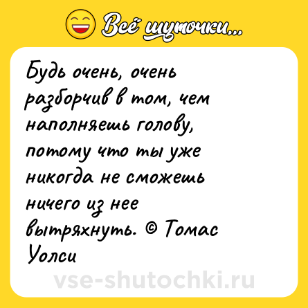 Шутка: Будь очень, очень разборчив в том, чем наполняешь голову, потому что ты уже никогда не сможешь ничего из нее вытряхнуть. © Томас Уолси