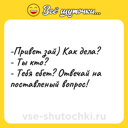 Шутка: -Привет зай) Как дела?<br>- Ты кто?<br>- Тебя ебет? Отвечай на поставленый вопрос!
