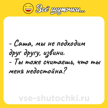 Шутка: - Саша, мы не подходим друг другу, извини.<br>- Ты тоже считаешь, что ты меня недостойна?