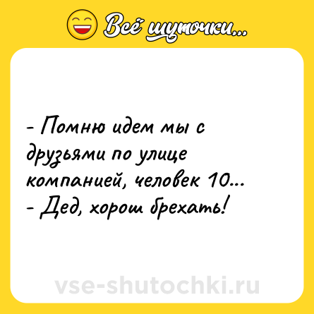 Шутка: - Помню идем мы с друзьями по улице компанией, человек 10...<br>- Дед, хорош брехать!