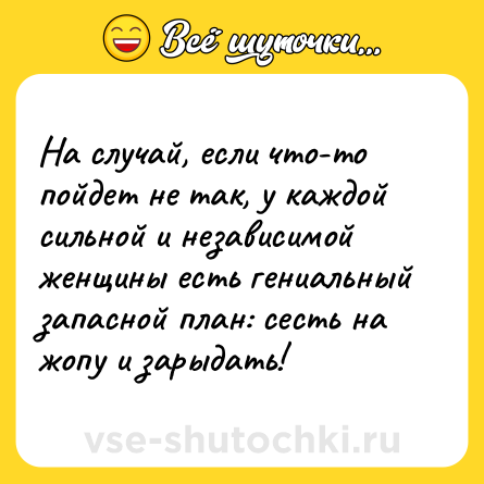 Шутка: На случай, если что-то пойдет не так, у каждой сильной и независимой женщины есть гениальный запасной план: сесть на жопу и зарыдать!