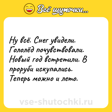 Шутка: Ну всё. Снег увидели. Гололёд почувствовали. Новый год встретили. В проруби искупались. Теперь можно и лето.
