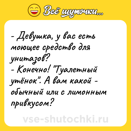 Шутка: - Девушка, у вас есть моющее средство для унитазов?<br>- Конечно! 