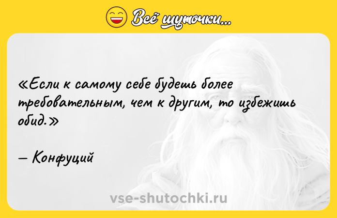 Цитата: Если к самому себе будешь более требовательным, чем к другим, то избежишь обид.Конфуций