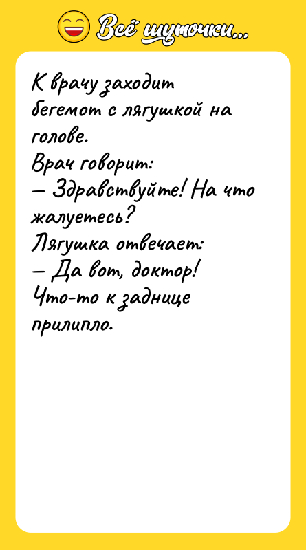 К врачу заходит бегемот с лягушкой на голове. Врач говорит: