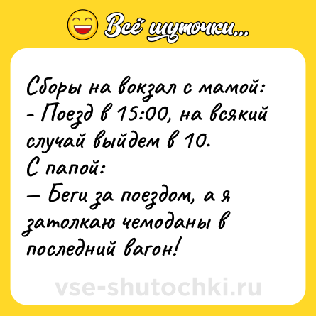 Шутка: Сборы на вокзал с мамой:<br>- Поезд в 15:00, на всякий случай выйдем в 10.<br>С папой:<br>— Беги за поездом, а я затолкаю чемоданы в последний вагон!