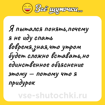 Шутка: Я пытался понять,почему я не иду спать вовремя,зная,что утром будет сложно вставать,но единственное объяснение этому — потому что я придурок
