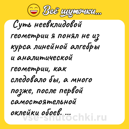 Шутка:  Суть неевклидовой геометрии я понял не из курса линейной алгебры и аналитической геометрии, как следовало бы, а много позже, после первой самостоятельной оклейки обоев.  
