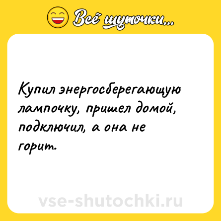 Шутка: Купил энергосберегающую лампочку, пришел домой, подключил, а она не<br>горит.