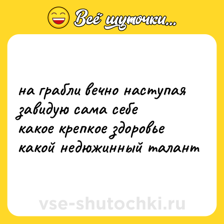 Шутка: на грабли вечно наступая<br>завидую сама себе<br>какое крепкое здоровье<br>какой недюжинный талант
