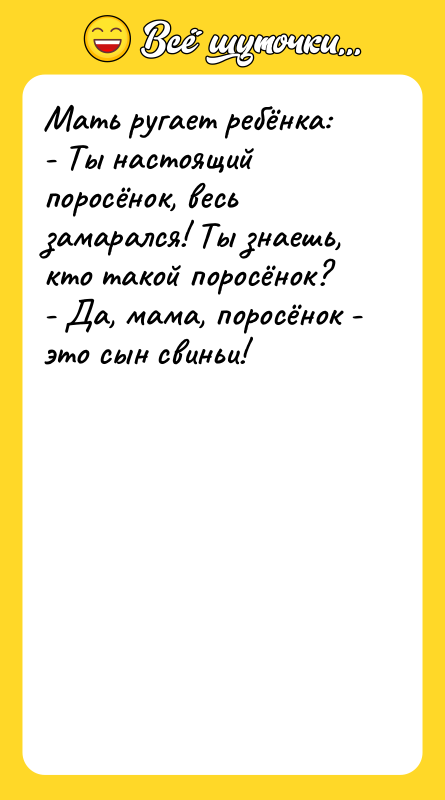 Мать ругает ребёнка: - Ты настоящий поросёнок, весь замарался! Ты