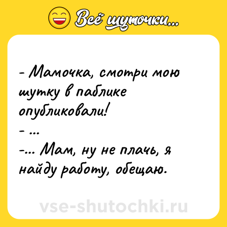 Шутка: - Мамочка, смотри мою шутку в паблике опубликовали! <br>- ... <br>-... Мам, ну не плачь, я найду работу, обещаю.