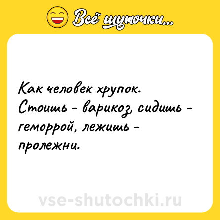 Шутка: Как человек хрупок. Стоишь - варикоз, сидишь - геморрой, лежишь - пролежни.