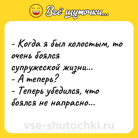 Шутка: - Когда я был холостым, то очень боялся супружеской жизни...<br>- А теперь?<br>- Теперь убедился, что боялся не напрасно...