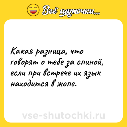 Шутка: Какая разница, что говорят о тебе за спиной, если при встрече их язык находится в жопе.