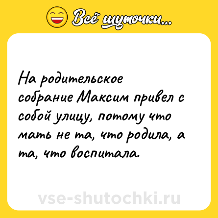 Шутка: На родительское собрание Максим привел с собой улицу, потому что мать не та, что родила, а та, что воспитала.