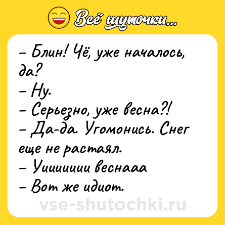 Шутка: – Блин! Чё, уже началось, да?<br>– Ну.<br>– Серьезно, уже весна?!<br>– Да-да. Угомонись. Снег еще не растаял.<br>– Уиииииии веснааа <br>– Вот же идиот.