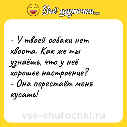 Шутка: - У твоей собаки нет хвоста. Как же ты узнаёшь, что у неё хорошее настроение? <br>- Она перестаёт меня кусать!