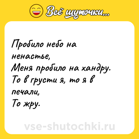 Шутка: Пробило небо на ненастье,<br>Меня пробило на хандру.<br>То в грусти я, то я в печали,<br>То жру.