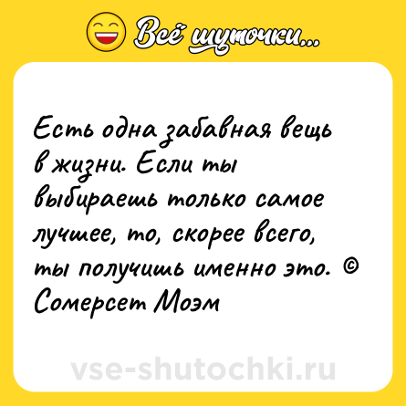 Шутка: Есть одна забавная вещь в жизни. Если ты выбираешь только самое лучшее, то, скорее всего, ты получишь именно это. © Сомерсет Моэм
