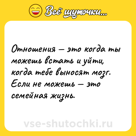 Шутка: Отношения — это когда ты можешь встать и уйти, когда тебе выносят мозг. Если не можешь — это семейная жизнь.