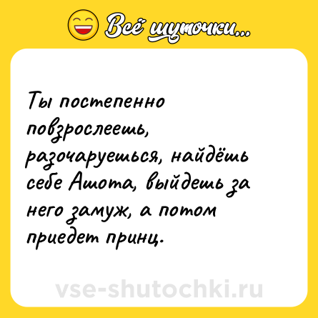 Шутка: Ты постепенно повзрослеешь, разочаруешься, найдёшь себе Ашота, выйдешь за него замуж, а потом приедет принц.