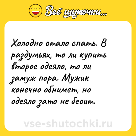 Шутка: Холодно стало спать. В раздумьях, то ли купить второе одеяло, то ли замуж пора. Мужик конечно обнимет, но одеяло зато не бесит.