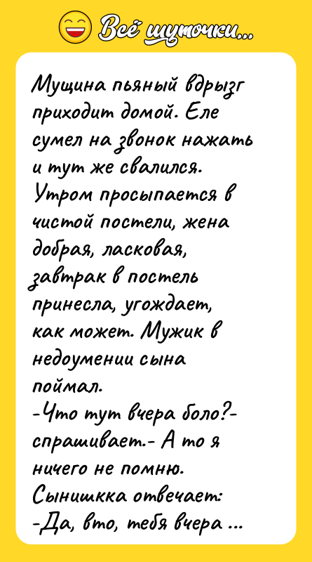 Мущина пьяный вдрызг приходит домой. Еле сумел на звонок нажать