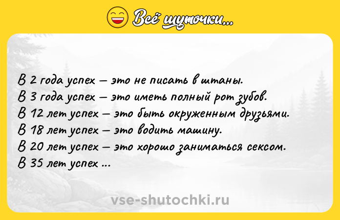 Цитата: В 2 года успех это не писать в штаны. В 3 года успех это иметь полный рот зубов. В 12 лет успех это быть окруженным друзьями. В 18 лет успех это водить машину. В 20 лет успех это хорошо заниматься сексом. В 35 лет успех это зарабатывать много денег. В 60 лет успех это хорошо заниматься сексом. В 70 лет успех это водить машину. В 75 лет успех это быть окруженным др