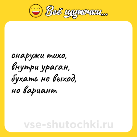 Шутка: снаружи тихо, <br>внутри ураган, <br>бухать не выход, <br>но вариант
