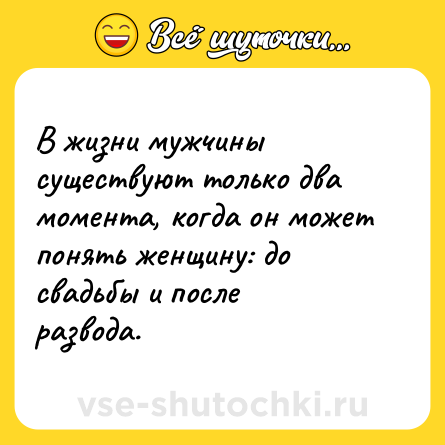 Шутка: В жизни мужчины существуют только два момента, когда он может понять женщину: до свадьбы и после развода.