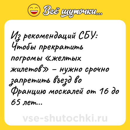 Шутка: Из рекомендаций СБУ:<br>Чтобы прекратить погромы «желтых жилетов» – нужно срочно запретить въезд во Францию москалей от 16 до 65 лет…