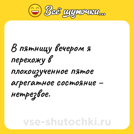 Шутка: В пятницу вечером я перехожу в плохоизученное пятое агрегатное состояние – нетрезвое.