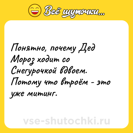 Шутка: Понятно, почему Дед Мороз ходит со Снегурочкой вдвоем. Потому что втроём - это уже митинг.
