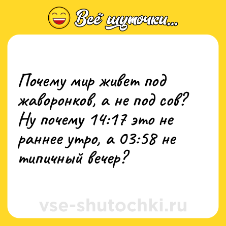 Шутка: Почему мир живет под жаворонков, а не под сов? Ну почему 14:17 это не раннее утро, а 03:58 не типичный вечер?