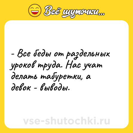 Шутка: - Все беды от раздельных уроков труда. Нас учат делать табуретки, а девок - выводы.