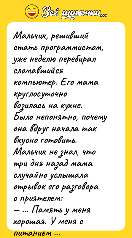 Мальчик, решивший стать программистом, уже неделю перебирал сломавшийся компьютер. Его