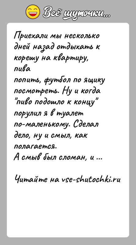 История: Приехали мы несколько дней назад отдыхать к корешу на квартиру, пивапопить, футбол по ящику посмотреть. Ну и когда пиво подошло
