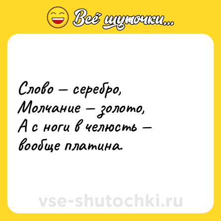 Шутка: Слово — серебро,<br>Молчание — золото,<br>А с ноги в челюсть — вообще платина.