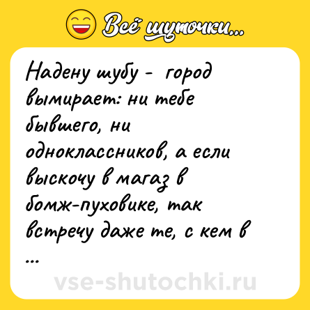 Шутка: Надену шубу -  город вымирает: ни тебе бывшего, ни одноклассников, а если выскочу в магаз в бомж-пуховике, так встречу даже те, с кем в детском саду вместе кашей давились.