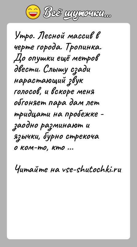 История: Утро. Лесной массив в черте города. Тропинка. До опушки ещё метров двести. Слышу сзади нарастающий звук голосов, и вскоре меня