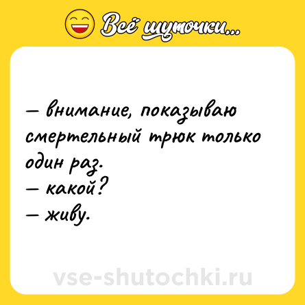 Шутка: — внимание, показываю смертельный трюк только один раз. <br>— какой? <br>— живу.