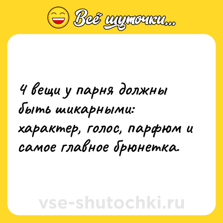 Шутка: 4 вещи у парня должны быть шикарными:<br>характер, голос, парфюм и самое главное брюнетка.