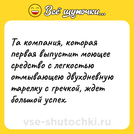 Шутка: Та компания, которая первая выпустит моющее средство с легкостью отмывающею двухдневную тарелку с гречкой, ждет большой успех.