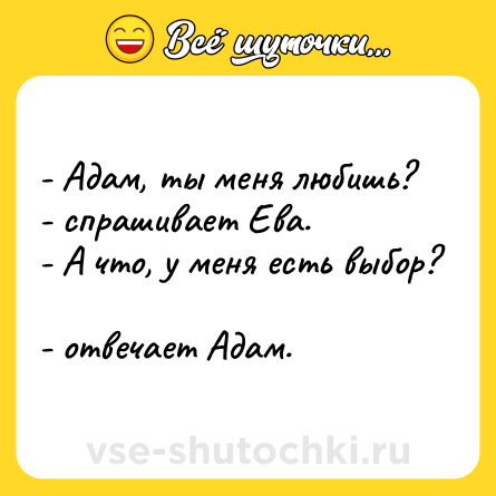 Шутка: - Адам, ты меня любишь? <br>- спрашивает Ева. <br>- А что, у меня есть выбор? <br>- отвечает Адам.