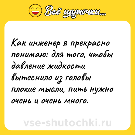 Шутка: Как инженер я прекрасно понимаю: для того, чтобы давление жидкости вытеснило из головы плохие мысли, пить нужно очень и очень много.